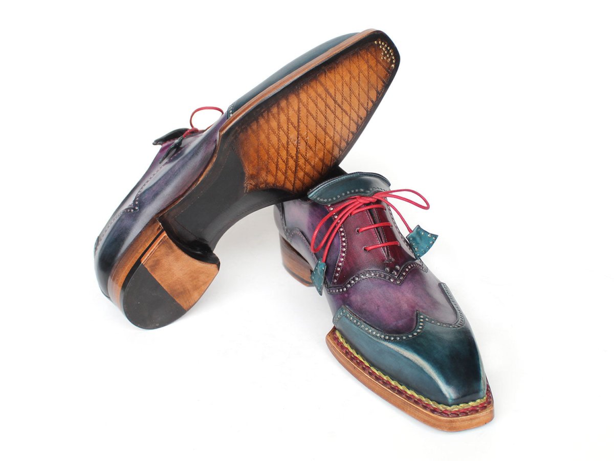 Paul Parkman Men's Custom Made Norwegian Welted Wingtip Purple and Blue Leather Oxford Shoes 267BP78