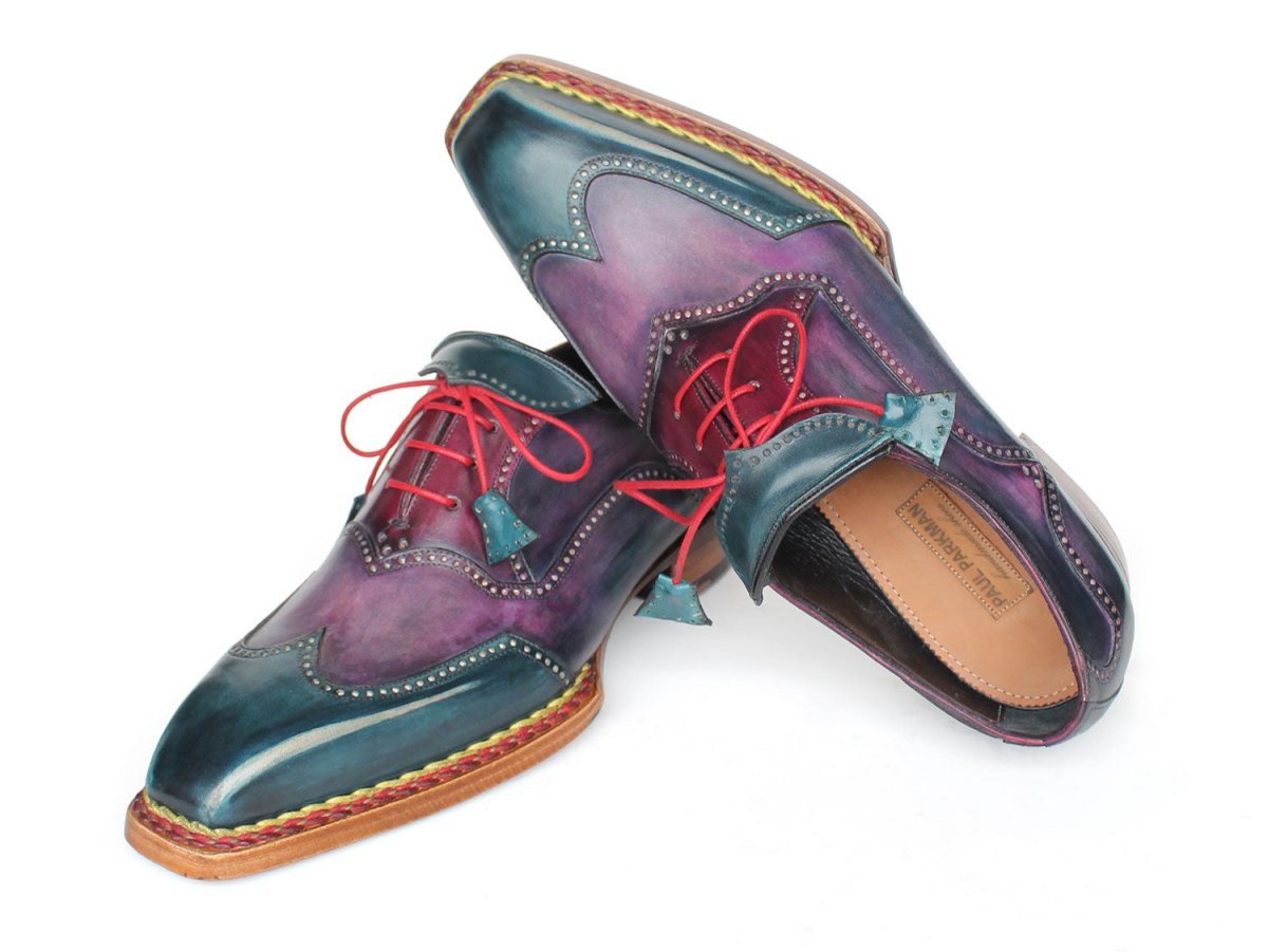 Paul Parkman Men's Custom Made Norwegian Welted Wingtip Purple and Blue Leather Oxford Shoes 267BP78