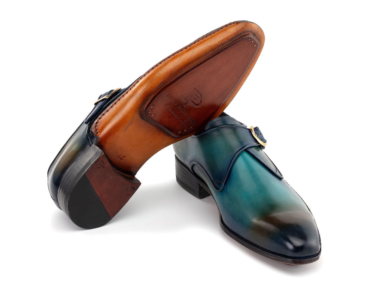 Paul Parkman Men's Custom Made Single Monkstrap Shoes Turquoise and Brown 69V7U