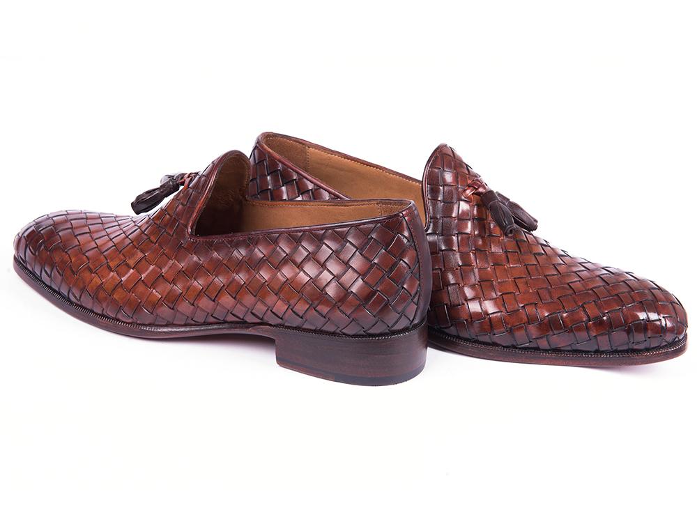 Paul Parkman Men's Custom Made Woven Leather Tassel Brown Loafers WVN88 - BRW