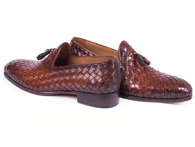 Paul Parkman Men's Custom Made Woven Leather Tassel Brown Loafers WVN88 - BRW