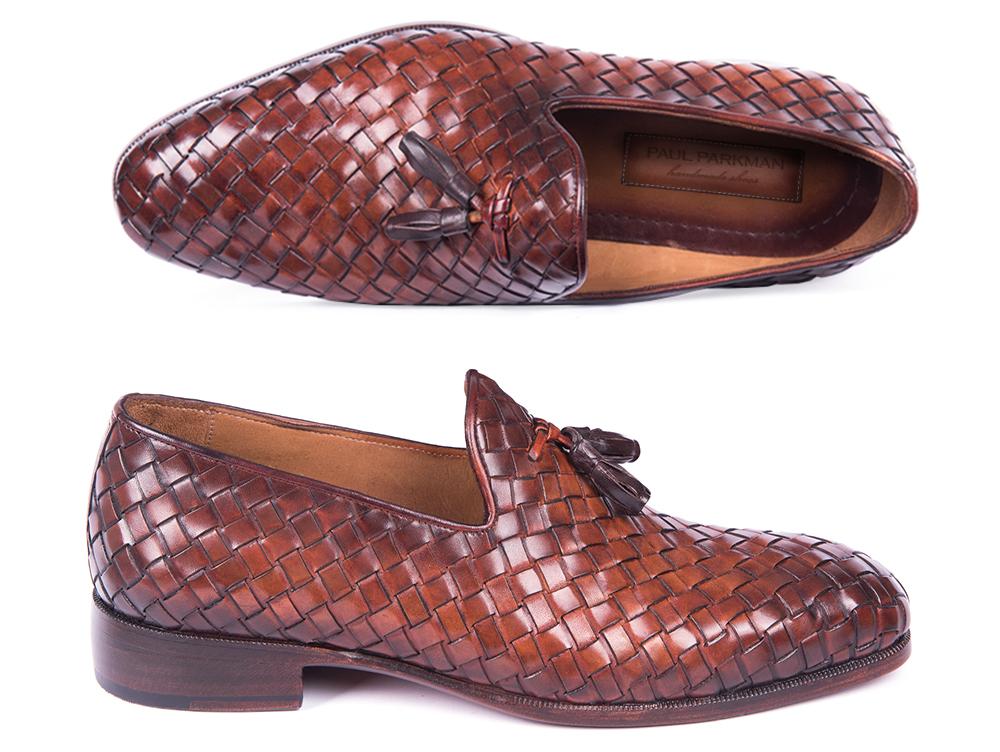 Paul Parkman Men's Custom Made Woven Leather Tassel Brown Loafers WVN88 - BRW