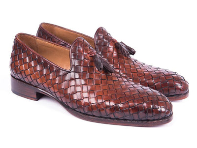 Paul Parkman Men's Custom Made Woven Leather Tassel Brown Loafers WVN88 - BRW