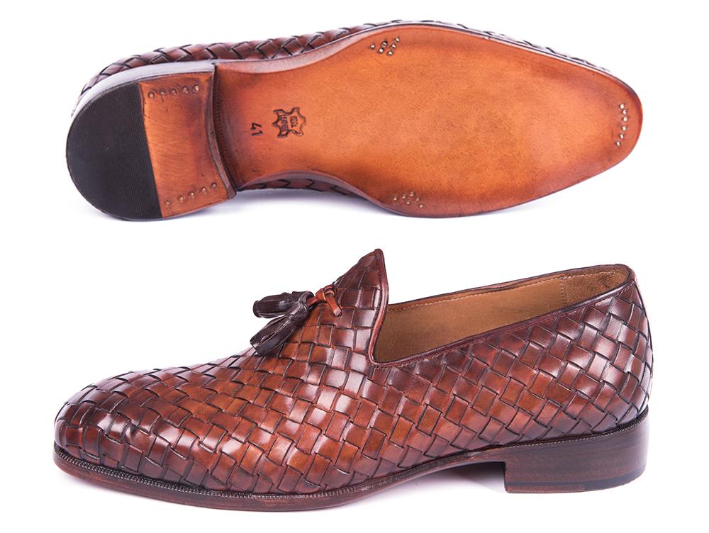 Paul Parkman Men's Custom Made Woven Leather Tassel Brown Loafers WVN88 - BRW