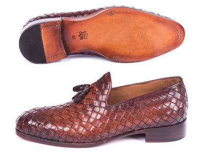 Paul Parkman Men's Custom Made Woven Leather Tassel Brown Loafers WVN88 - BRW
