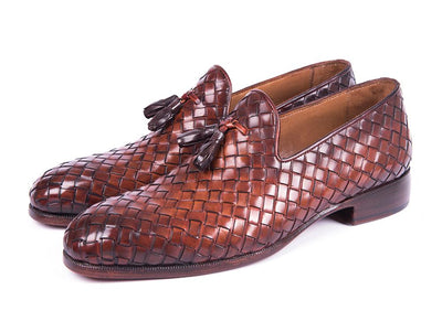Paul Parkman Men's Custom Made Woven Leather Tassel Brown Loafers WVN88 - BRW