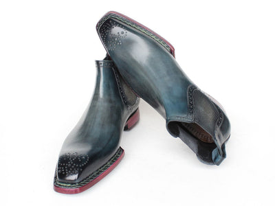 Paul Parkman Men's Custom Norwegian Welted Chelsea Boots Blue Burnished Leather 8847 BLU