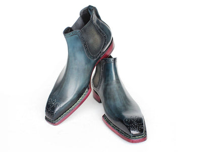 Paul Parkman Men's Custom Norwegian Welted Chelsea Boots Blue Burnished Leather 8847 BLU
