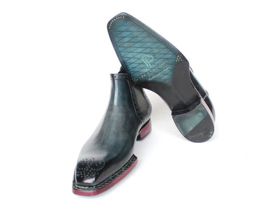 Paul Parkman Men's Custom Norwegian Welted Chelsea Boots Blue Burnished Leather 8847 BLU
