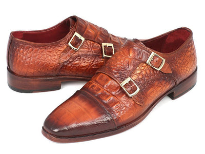 Paul Parkman Men's Double Monkstrap Brown Crocodile Embossed Calfskin (IDPP2280)