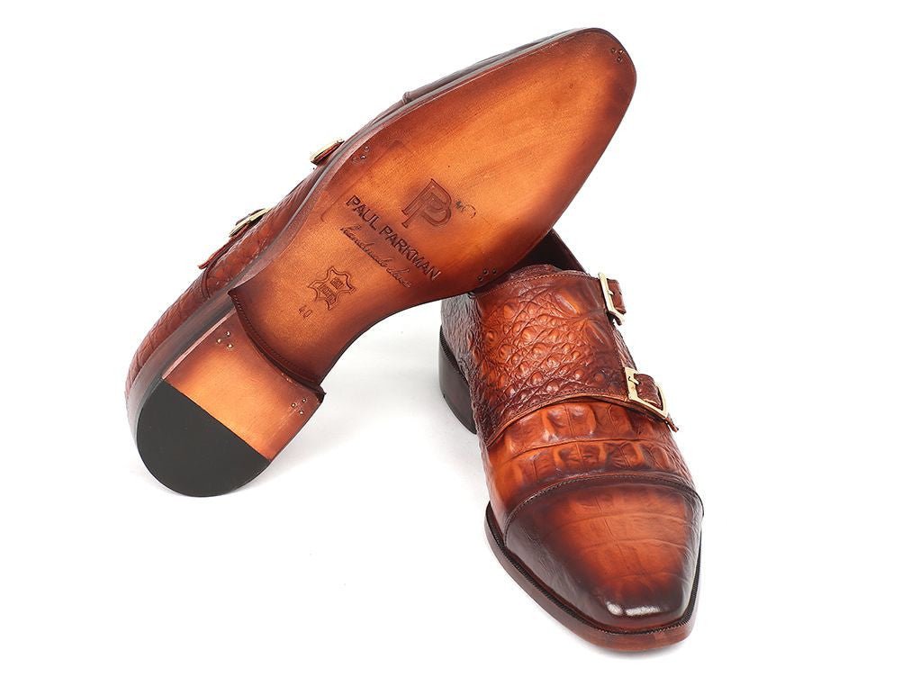 Paul Parkman Men's Double Monkstrap Brown Crocodile Embossed Calfskin (IDPP2280)