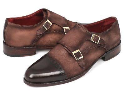 Paul Parkman Men's Double Monkstrap Captoe Dress Shoes - Brown / Beige Suede Upper and Leather Sole (IDFK09)