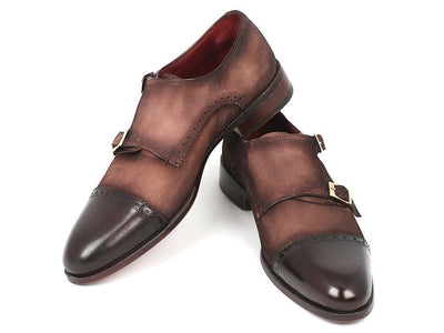 Paul Parkman Men's Double Monkstrap Captoe Dress Shoes - Brown / Beige Suede Upper and Leather Sole (IDFK09)