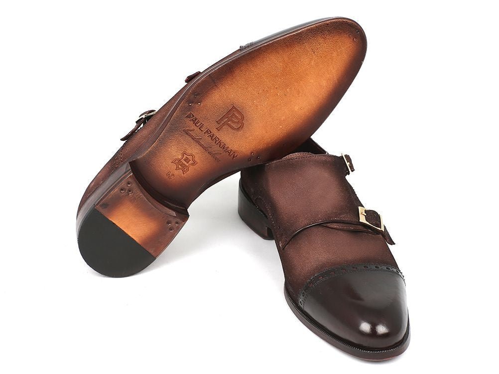 Paul Parkman Men's Double Monkstrap Captoe Dress Shoes - Brown / Beige Suede Upper and Leather Sole (IDFK09)