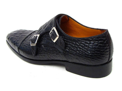 Paul Parkman Men's Double Monkstraps Black Crocodile Embossed Calfskin (ID045BK41)