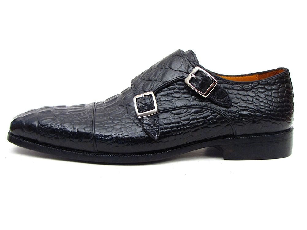 Paul Parkman Men's Double Monkstraps Black Crocodile Embossed Calfskin (ID045BK41)