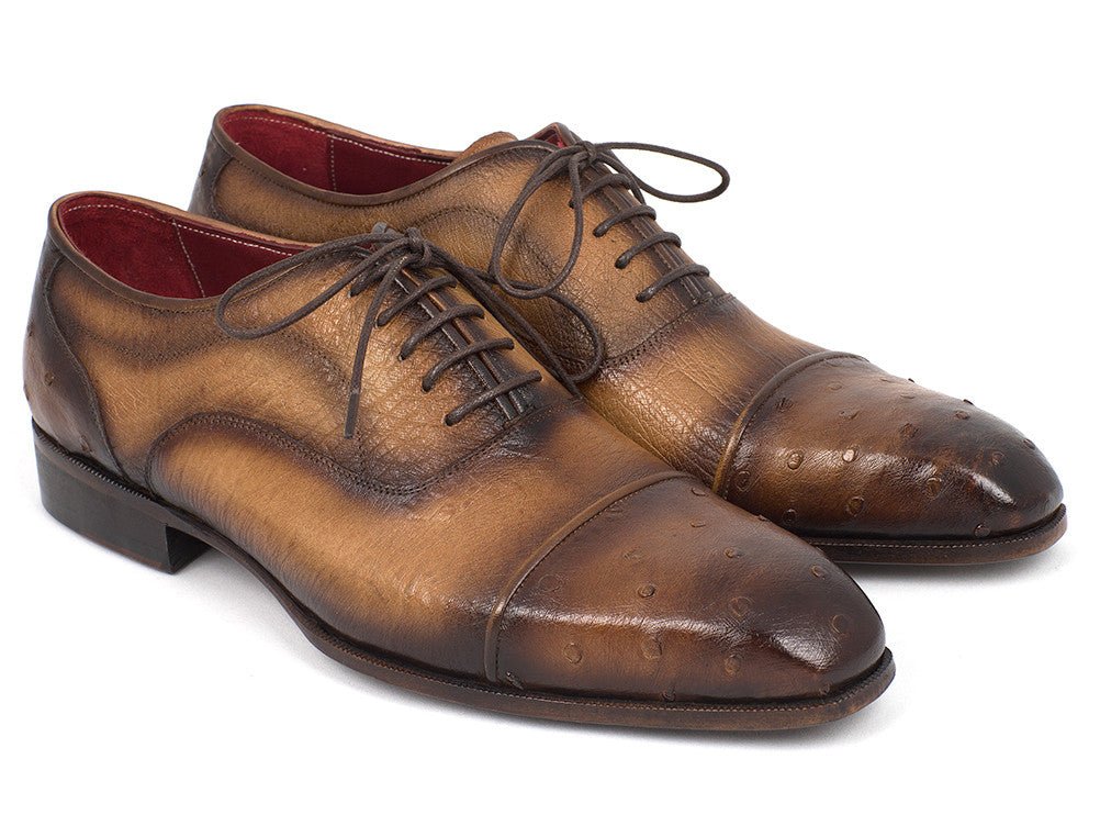 Paul Parkman Men's Genuine Ostrich Captoe Oxfords Camel Color (ID24XS CML)
