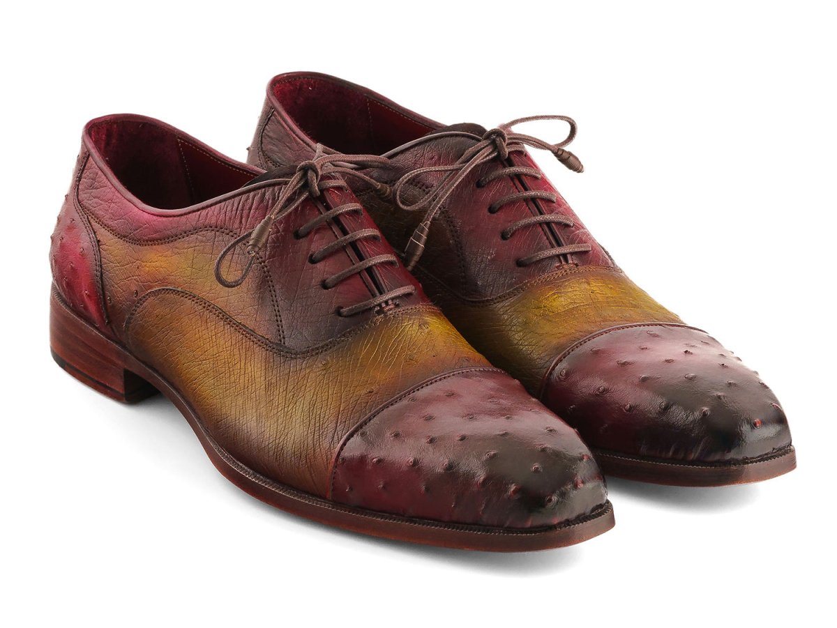 Paul Parkman Men's Genuine Ostrich Captoe Oxfords Green and Burgundy (ID24XS11)