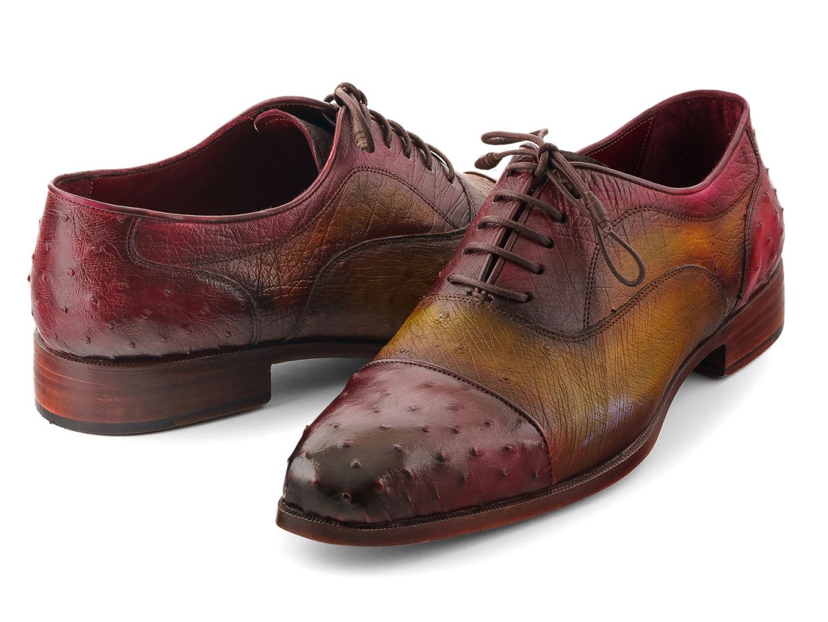 Paul Parkman Men's Genuine Ostrich Captoe Oxfords Green and Burgundy (ID24XS11)