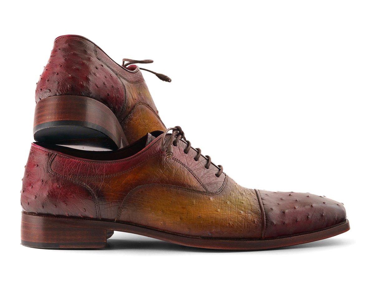 Paul Parkman Men's Genuine Ostrich Captoe Oxfords Green and Burgundy (ID24XS11)