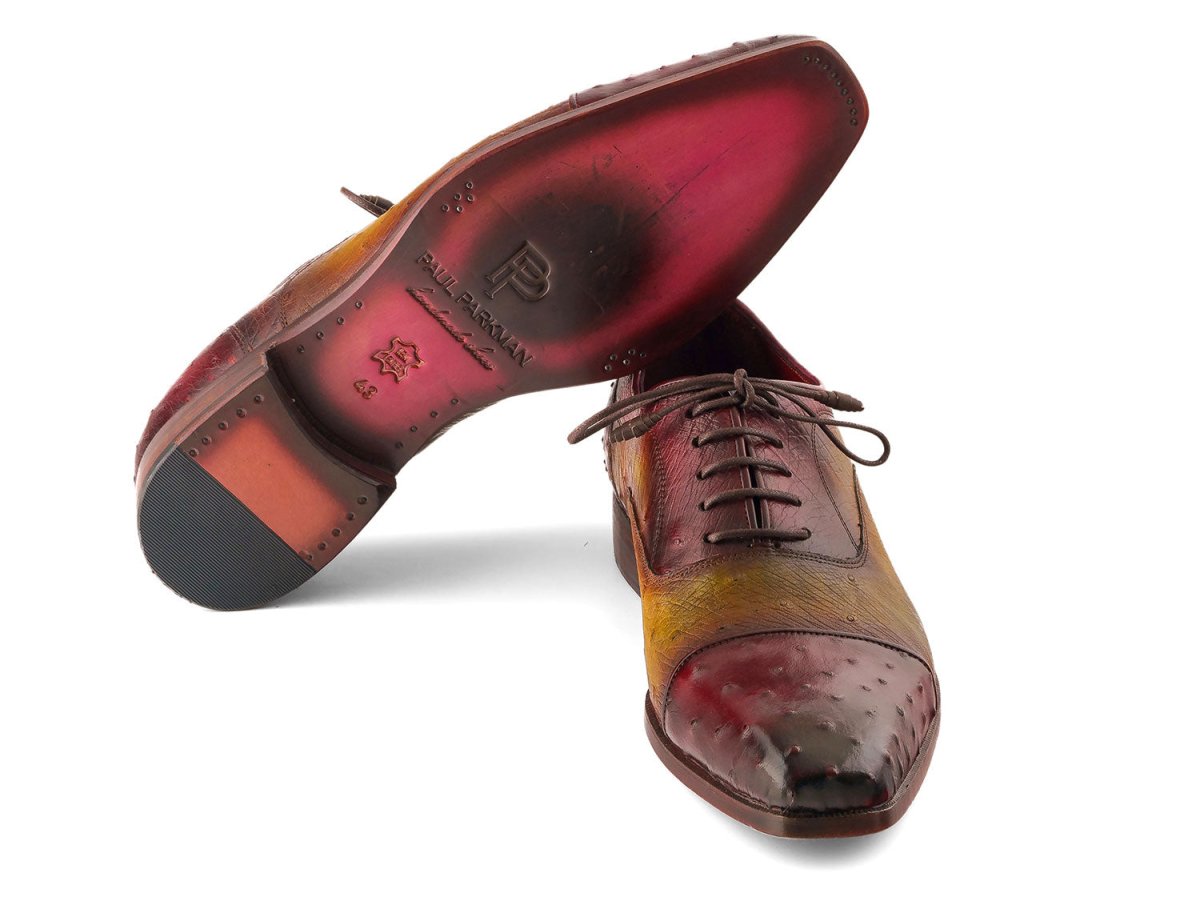 Paul Parkman Men's Genuine Ostrich Captoe Oxfords Green and Burgundy (ID24XS11)
