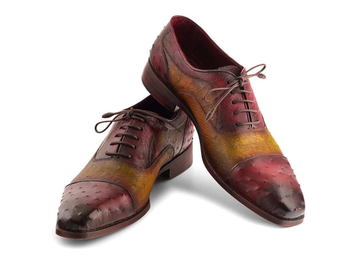 Paul Parkman Men's Genuine Ostrich Captoe Oxfords Green and Burgundy (ID24XS11)