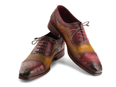 Paul Parkman Men's Genuine Ostrich Captoe Oxfords Green and Burgundy (ID24XS11)