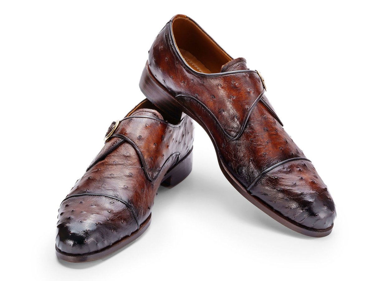 Paul Parkman Men's Genuine Ostrich Skin Monkstrap Shoes Brown (ID91BRW68)