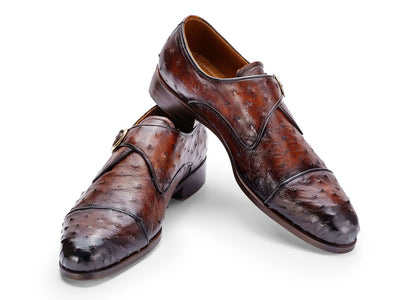 Paul Parkman Men's Genuine Ostrich Skin Monkstrap Shoes Brown (ID91BRW68)
