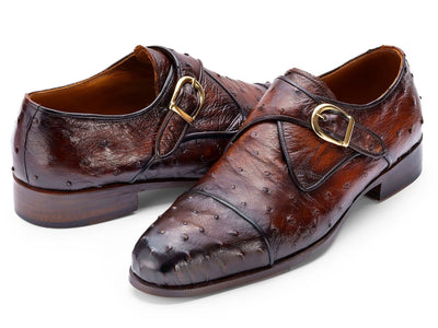 Paul Parkman Men's Genuine Ostrich Skin Monkstrap Shoes Brown (ID91BRW68)