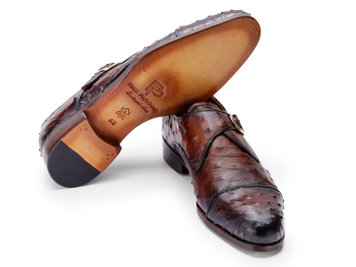 Paul Parkman Men's Genuine Ostrich Skin Monkstrap Shoes Brown (ID91BRW68)