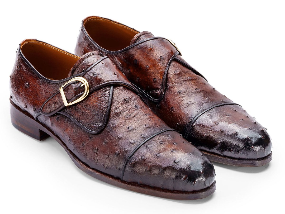 Paul Parkman Men's Genuine Ostrich Skin Monkstrap Shoes in Brown