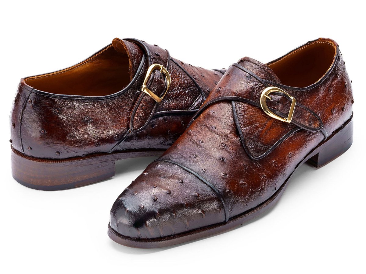 Paul Parkman Men's Genuine Ostrich Skin Monkstrap Shoes in Brown