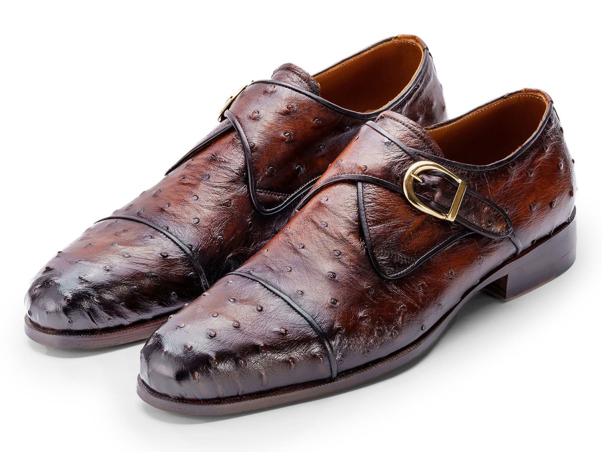 Paul Parkman Men's Genuine Ostrich Skin Monkstrap Shoes in Brown