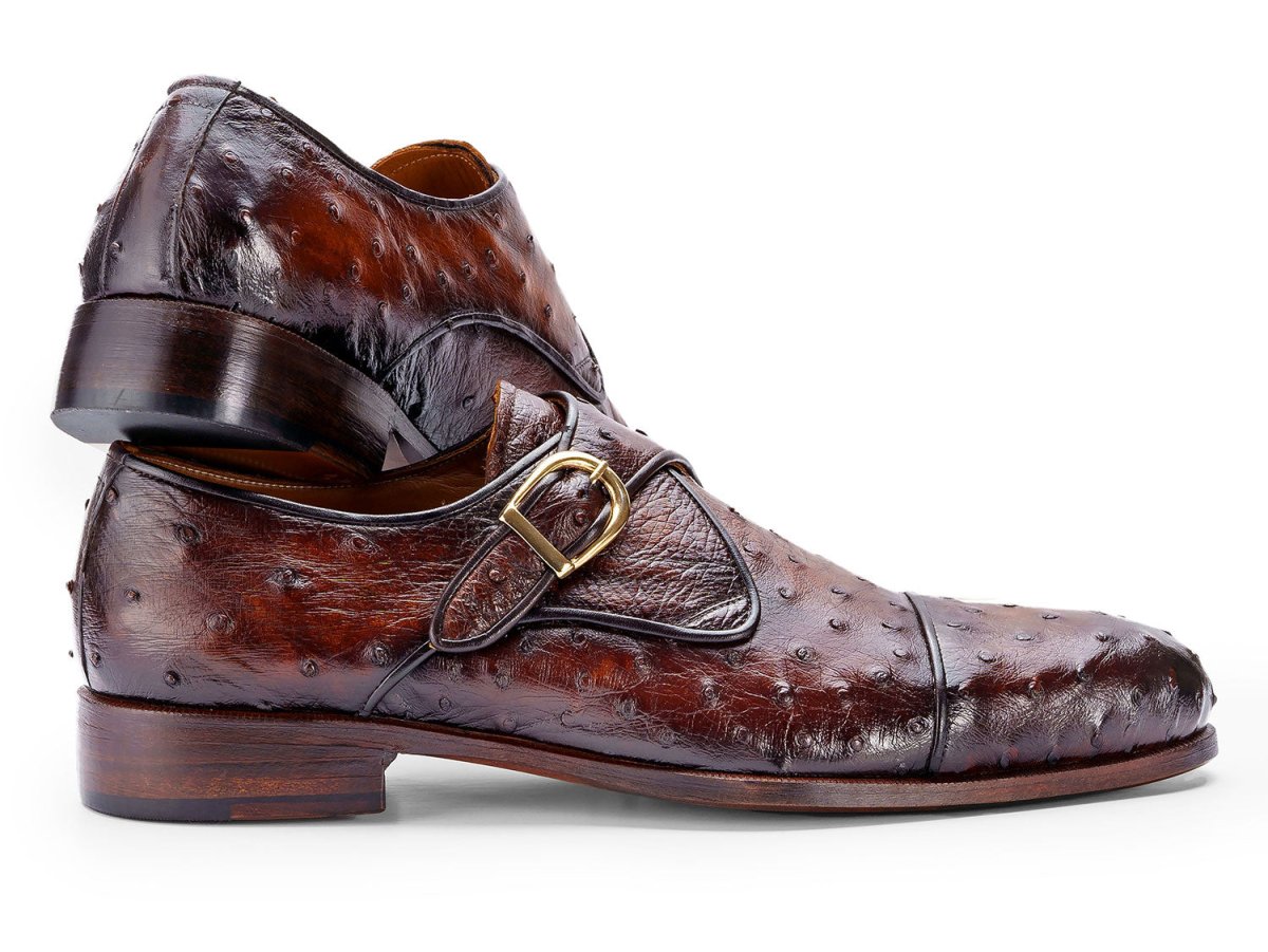 Paul Parkman Men's Genuine Ostrich Skin Monkstrap Shoes in Brown