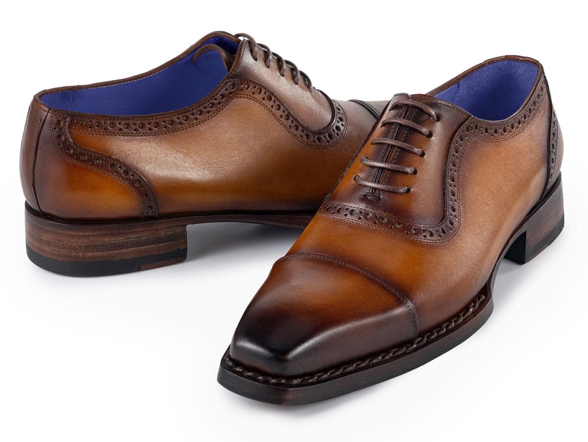 Paul Parkman Men's Goodyear Welted Burnished Cap Toe Oxfords in Camel Brown