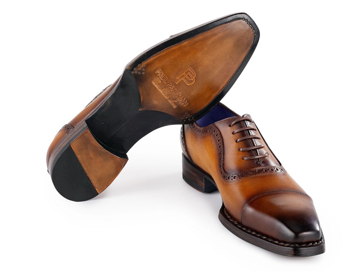 Paul Parkman Men's Goodyear Welted Cap Toe Oxfords Camel Burnished (ID9482 CTN)