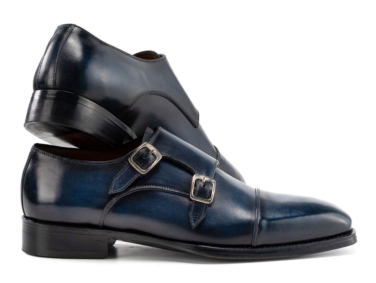 Paul Parkman Men's Goodyear Welted Double Monkstrap Shoes in Navy Blue