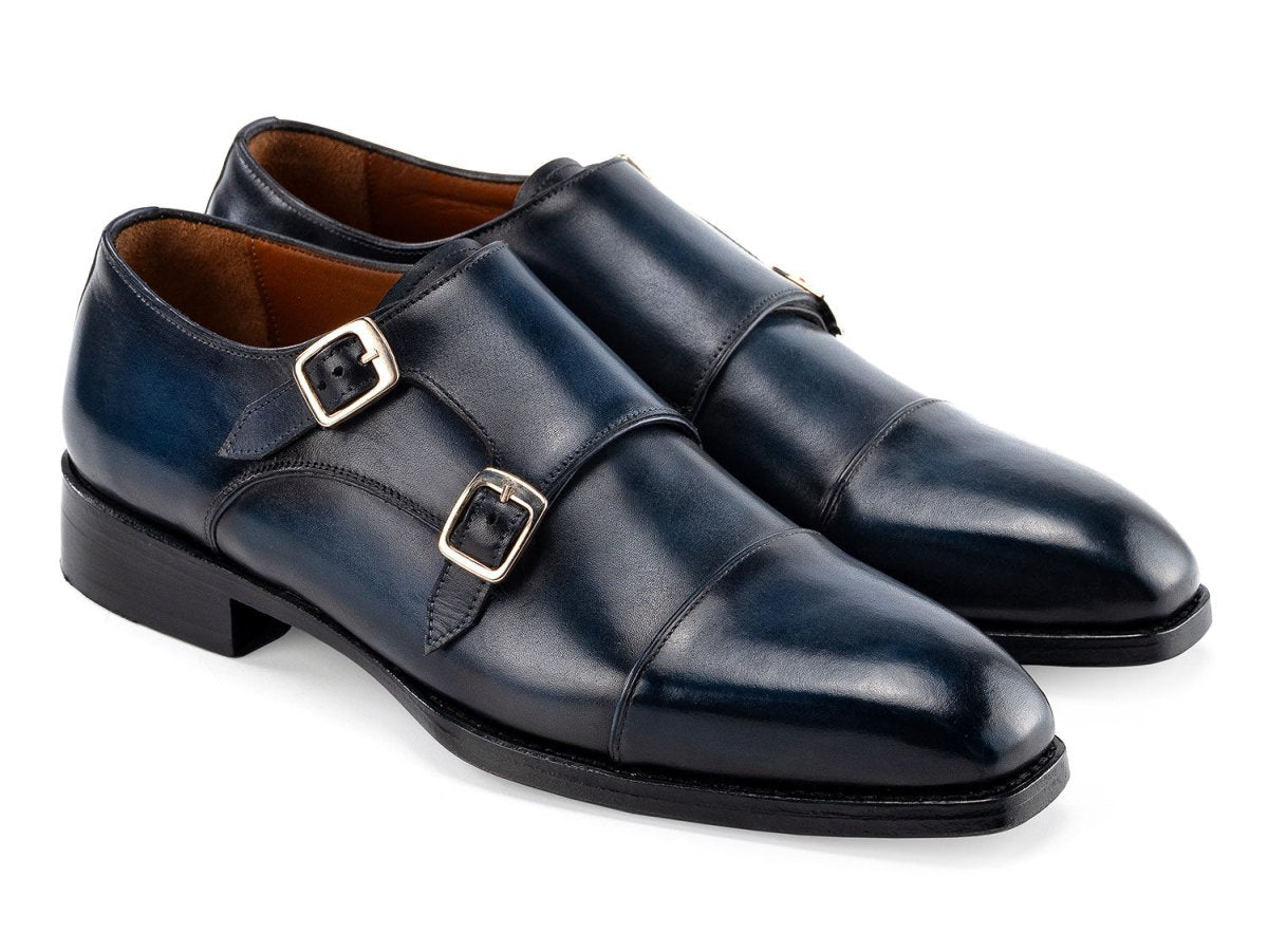 Paul Parkman Men's Goodyear Welted Double Monkstrap Shoes in Navy Blue