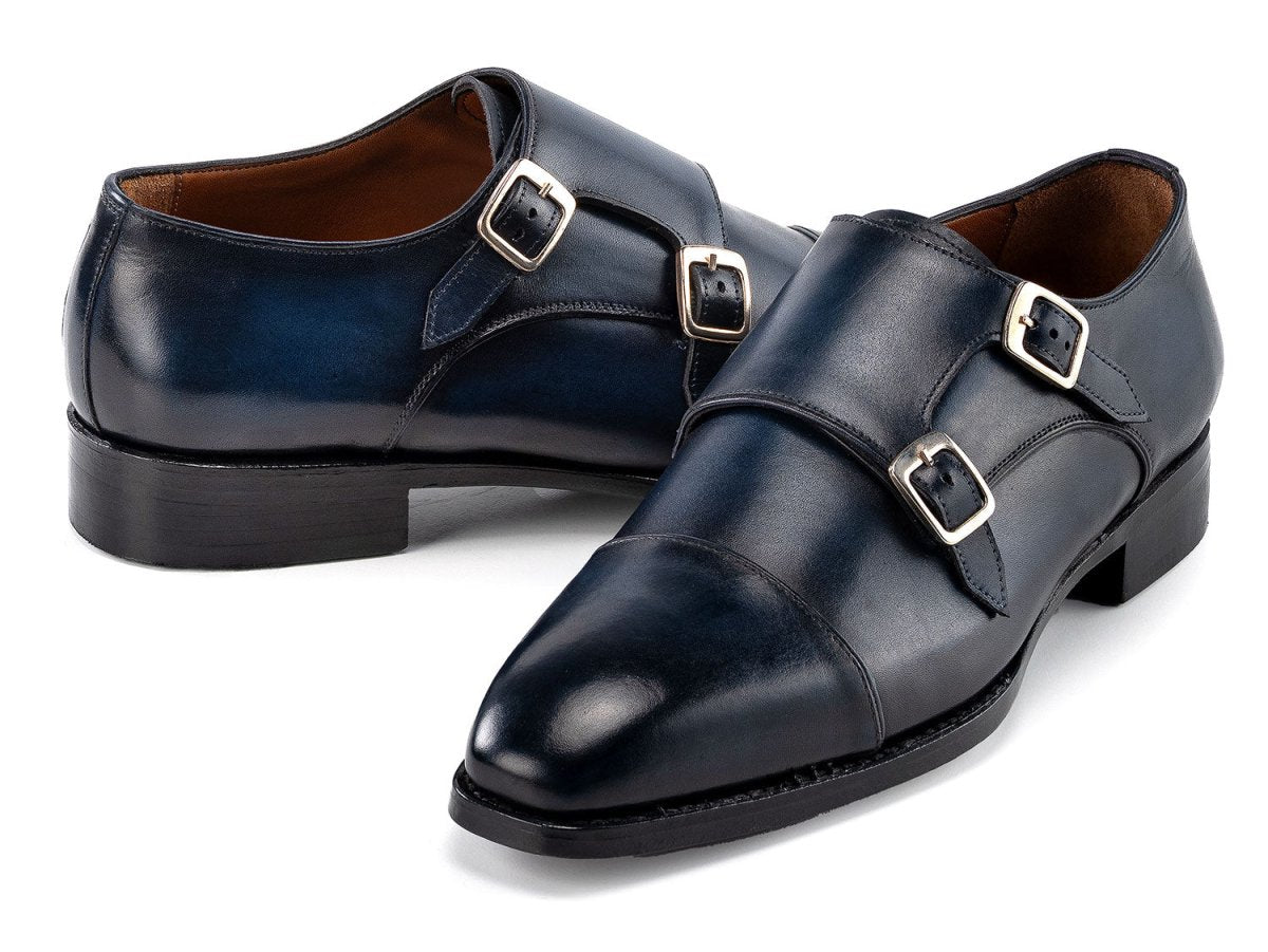 Paul Parkman Men's Goodyear Welted Double Monkstrap Shoes in Navy Blue