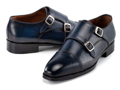 Paul Parkman Men's Goodyear Welted Double Monkstrap Shoes in Navy Blue