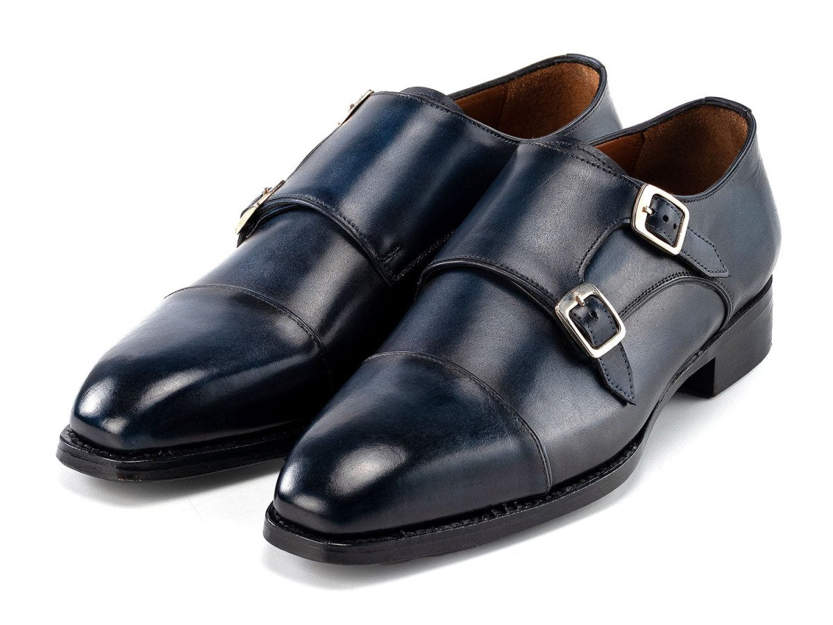 Paul Parkman Men's Goodyear Welted Double Monkstrap Shoes in Navy Blue