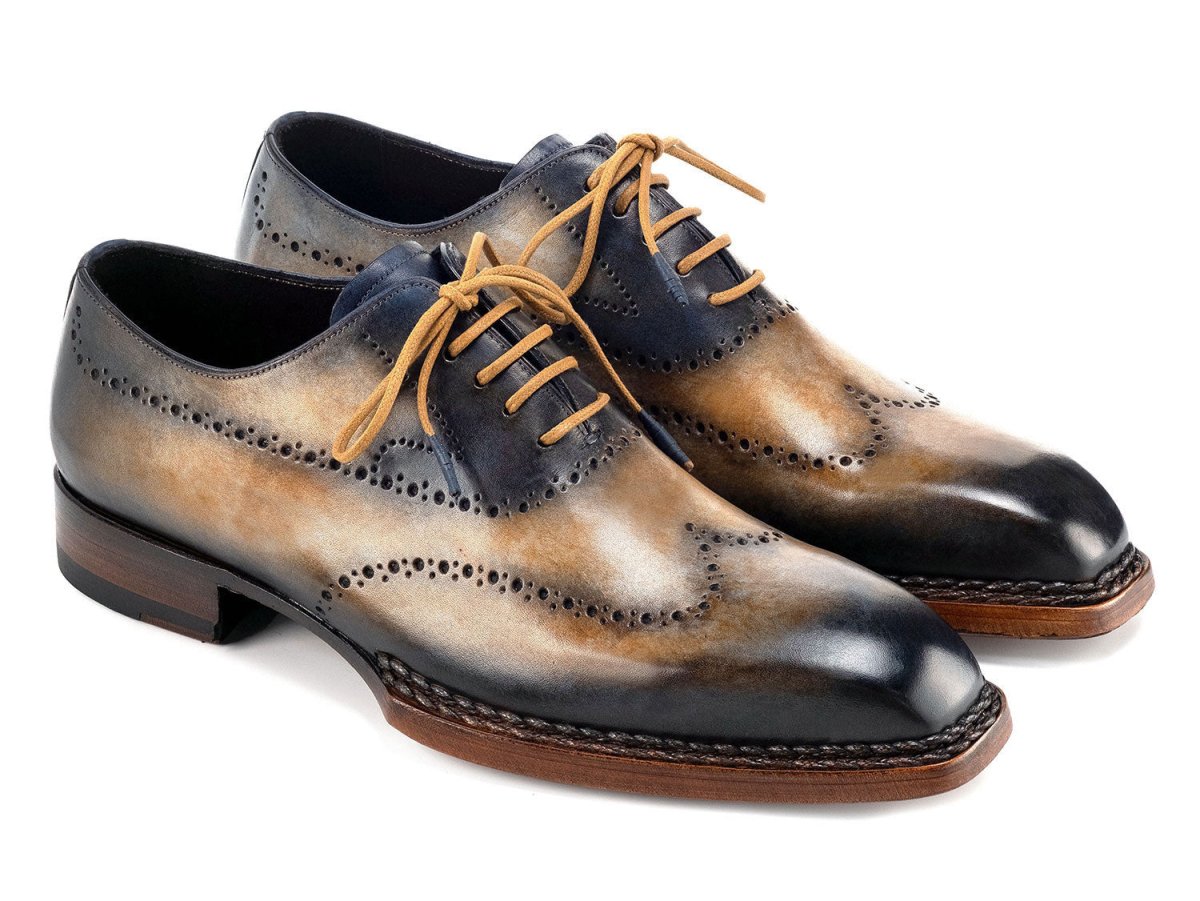 Paul Parkman Men's Goodyear Welted Wingtip Oxfords in Camel and Navy