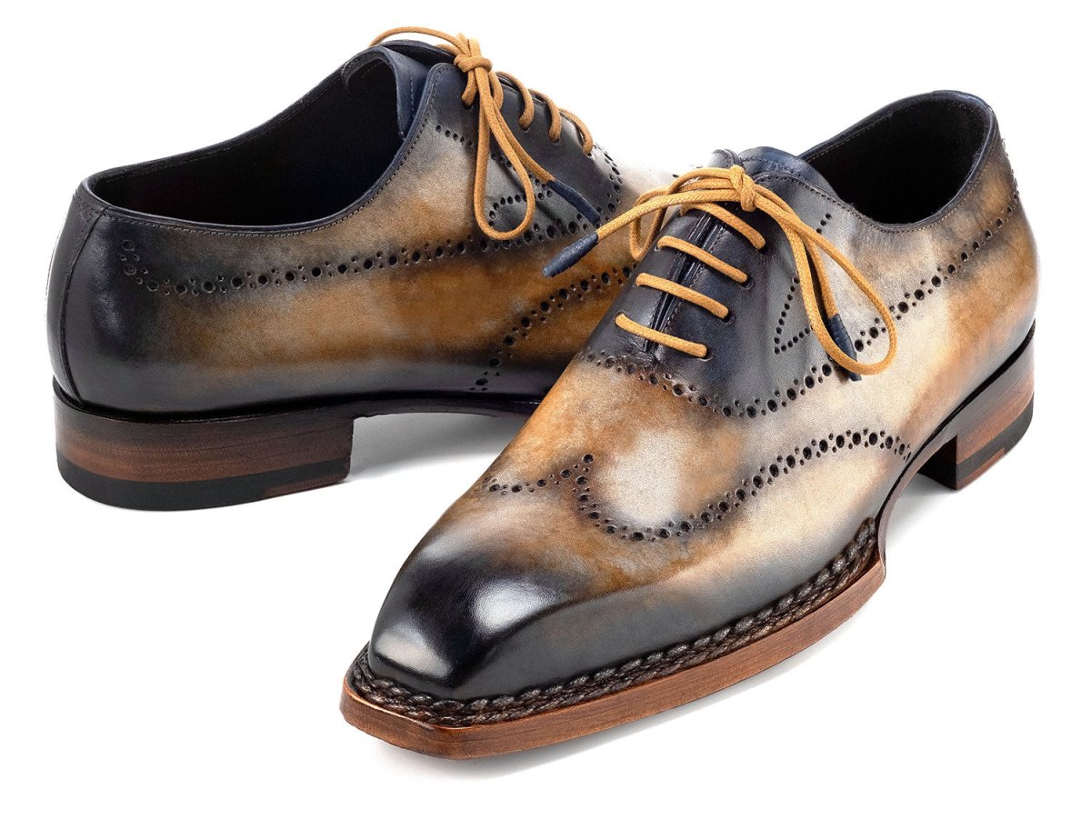 Paul Parkman Men's Goodyear Welted Wingtip Oxfords in Camel and Navy