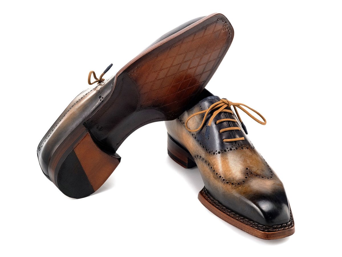 Paul Parkman Men's Goodyear Welted Wingtip Oxfords in Camel and Navy