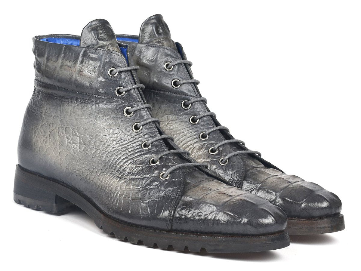 Paul Parkman Men's Gray Croco Embossed Leather Boots (12811 GRY)