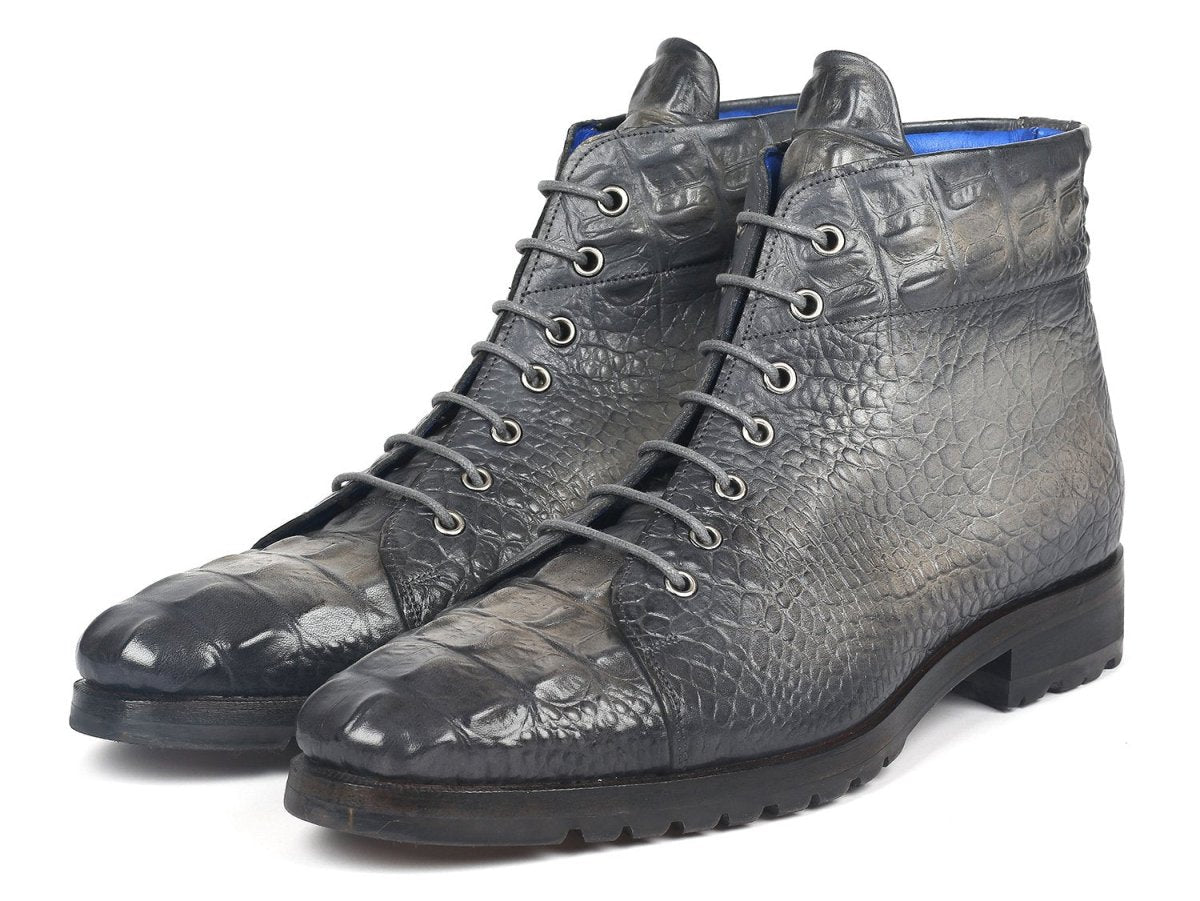 Paul Parkman Men's Gray Croco Embossed Leather Boots (12811 GRY)