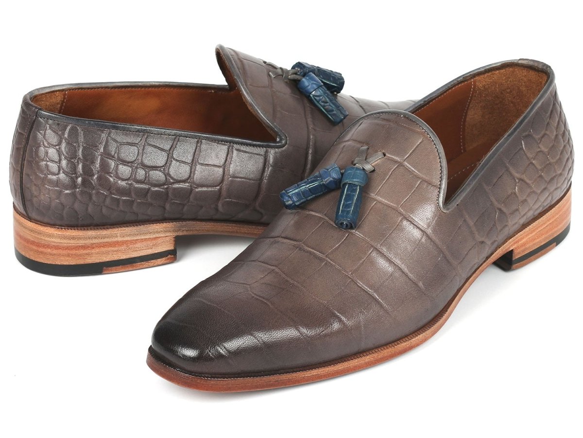 Paul Parkman Men's Gray Crocodile Embossed Calfskin Tassel Loafer (ID745GRY96)
