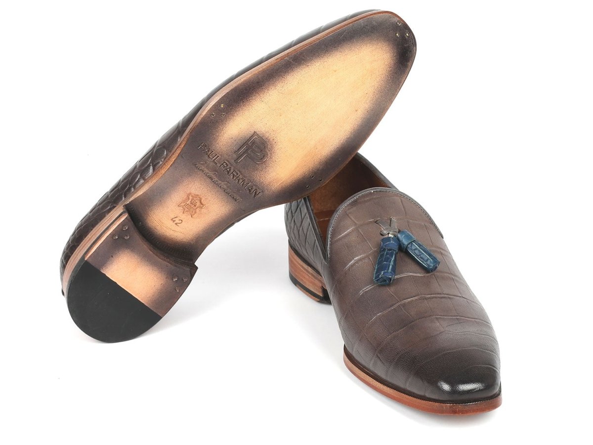 Paul Parkman Men's Gray Crocodile Embossed Calfskin Tassel Loafer (ID745GRY96)