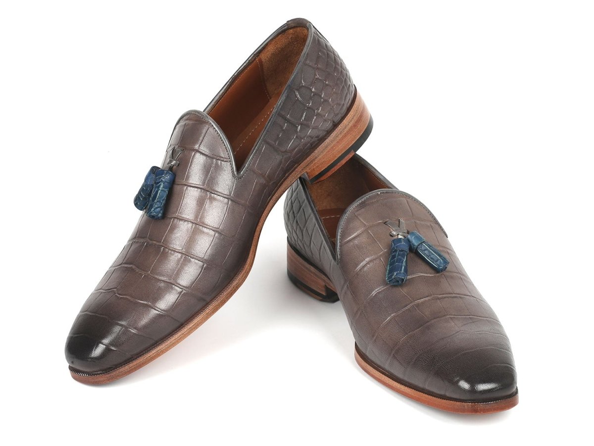 Paul Parkman Men's Gray Crocodile Embossed Calfskin Tassel Loafer (ID745GRY96)
